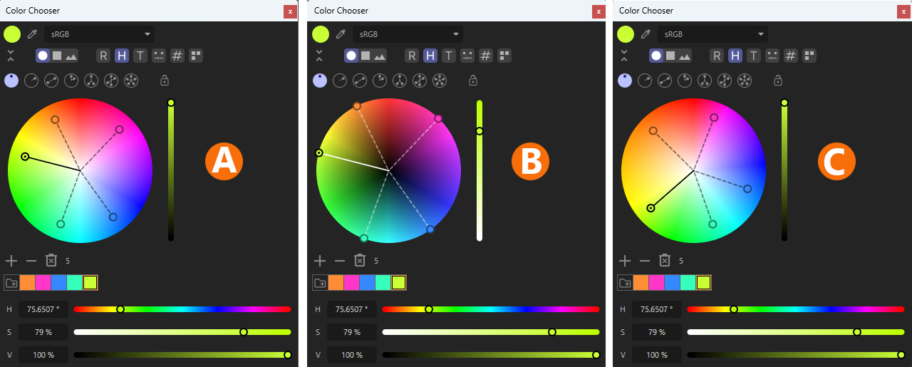 Several systems to set the saturation and the brightness of colors are offered.