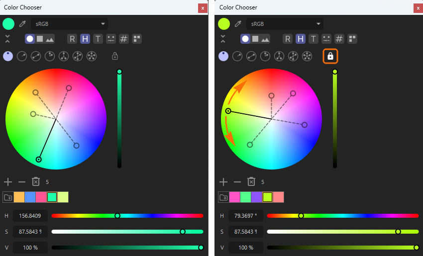 The 'Color Wheel' offers several modes to constrain the distances and values of already marked colors.