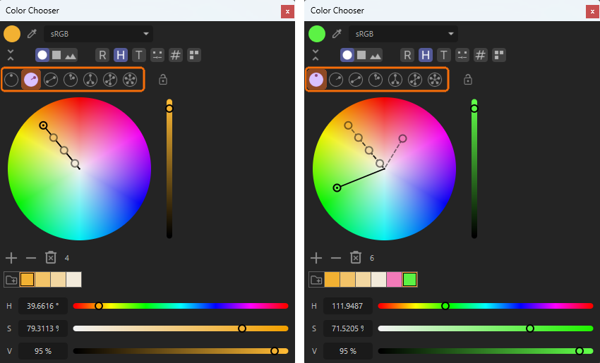 Using the 'Monochromatic' mode for the 'Color Wheel', colors can be picked along a given hue color angle.
