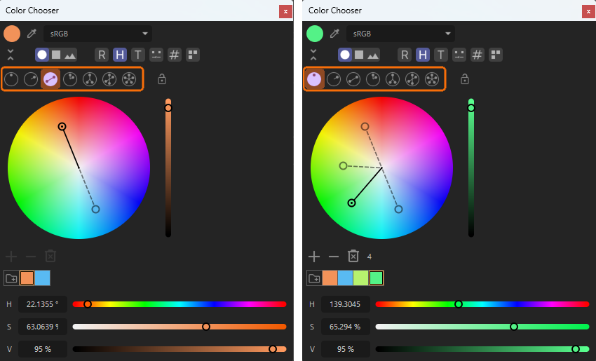 Using the 'Complementary' mode for the 'Color Wheel', complementary colors can be picked automatically.