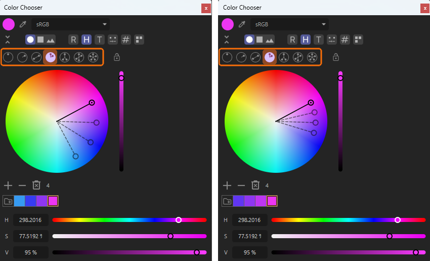 Using the 'Analogous' mode for the 'Color Wheel', colors can be in equaly distanced hue angles.