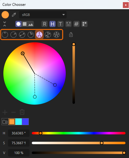 Using the 'Split Complementary' mode for the 'Color Wheel' offers a variation of the 'Complementary' mode for color picking and picks 3 colors in one step.