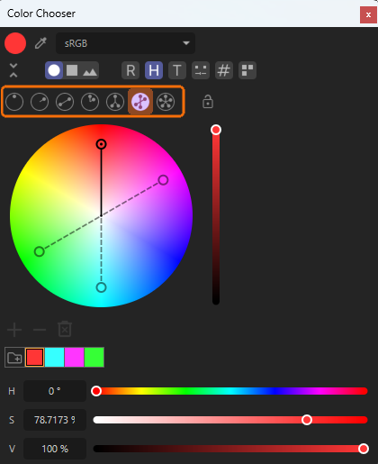 Using the 'Tetrad' mode for the 'Color Wheel', two complementary color pairs can be picket in one step.
