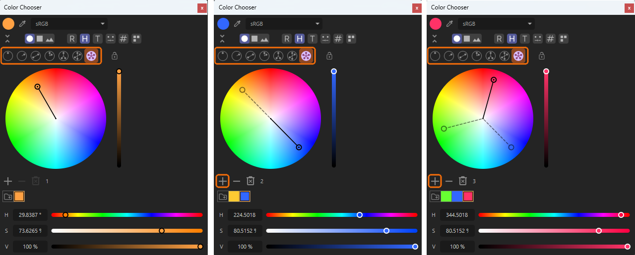 Using the 'Equiangular' mode for the 'Color Wheel', multiple colors, equally spaced along the color spectrum, can be picked in one step.