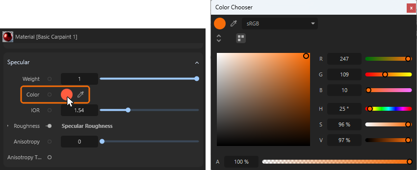 A dedicated color chooser can be opened with a click on the color field in the dialog.