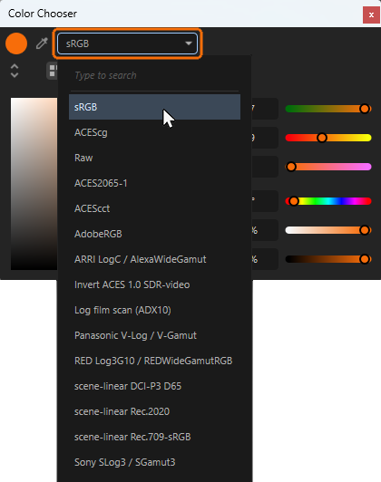 The color space for the selection of a color can be choosen individually.