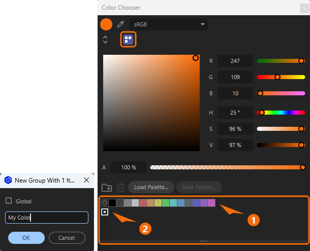 Colors can be saved to and managed in palettes.