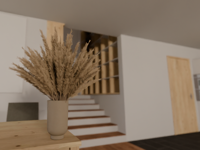 Example render using the Depth of Field feature, showing a in focus vase in the foreground and an out of focus background.