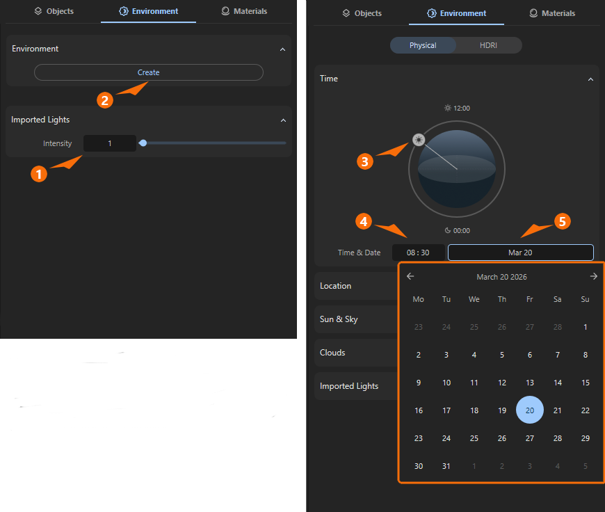 The 'Environment' settings offer a global adjustmet slider for all light intensities and the option to configure  physical-based sky simulation.