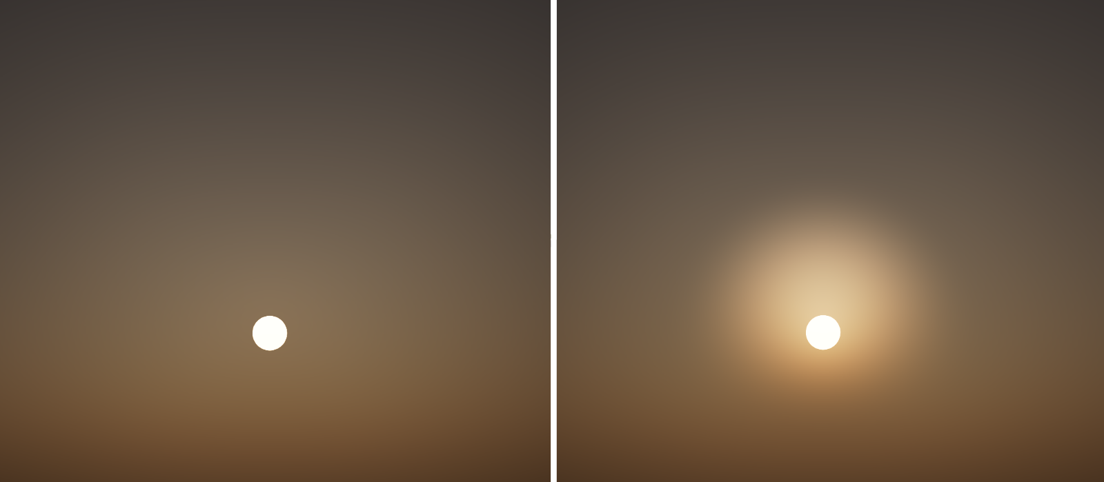 Direct comparison of a sun without and with additional atmospherical glow effect.
