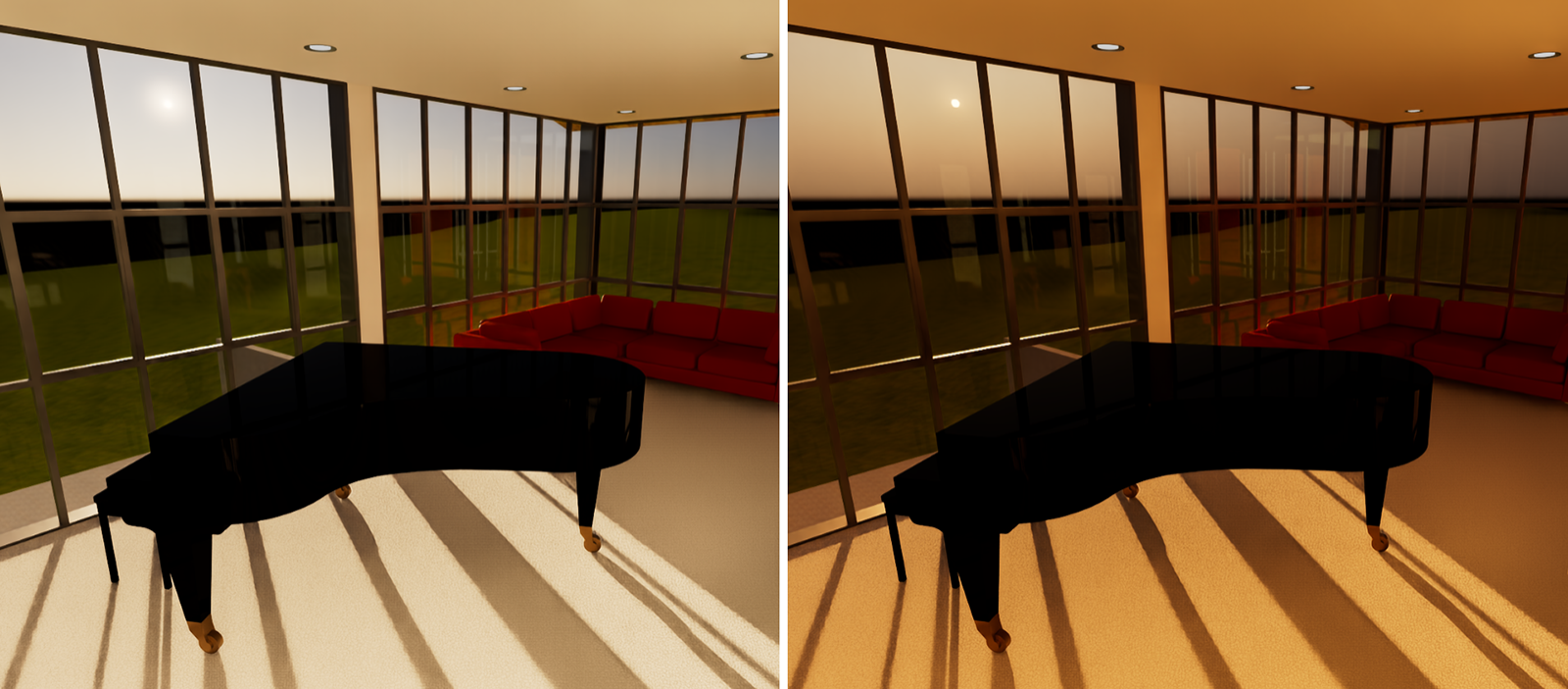 Higher turbidity values cause sunlight to scatter even more strongly in the atmosphere, as if there were dust particles in the air. This allows you to simulate particularly atmospheric sunsets, for example.