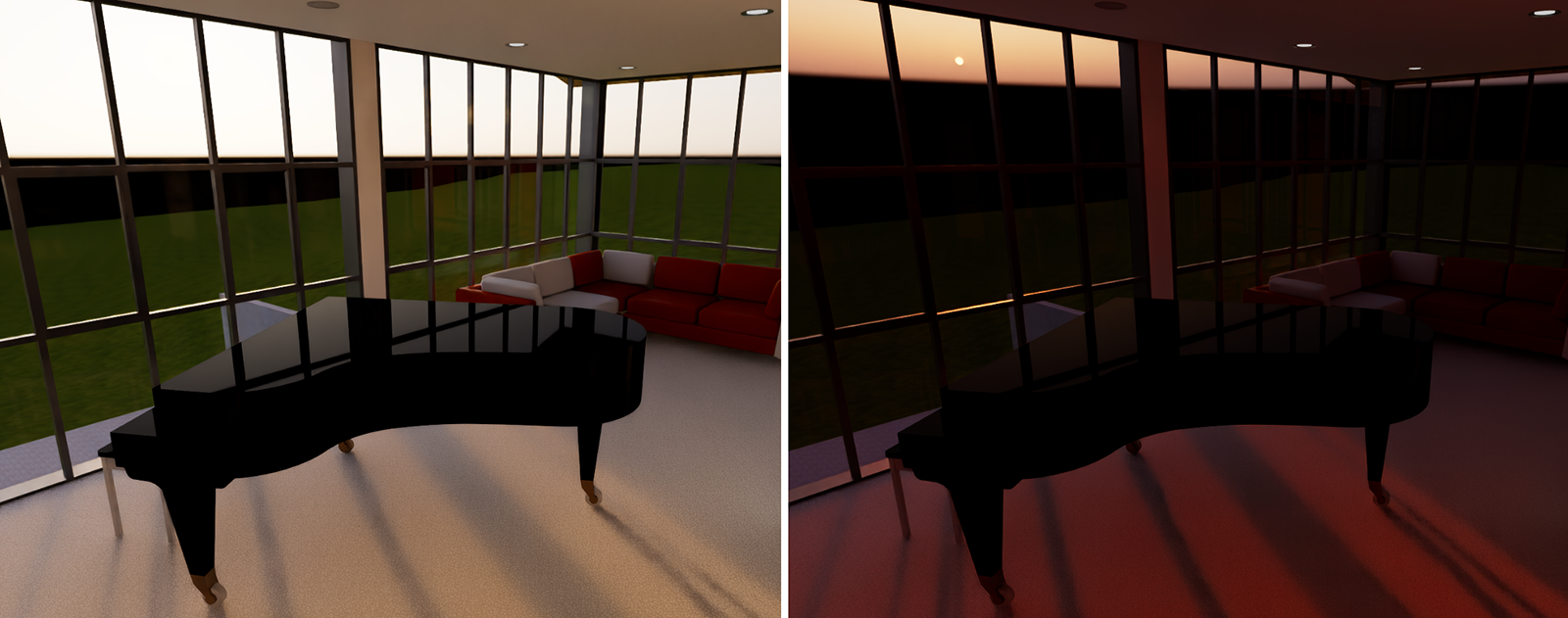 Comparison of different horizon heights with the sun's position otherwise remaining constant.