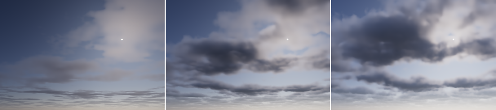 Increasing 'Thickness' values make the clouds appear increasingly opaque and voluminous.