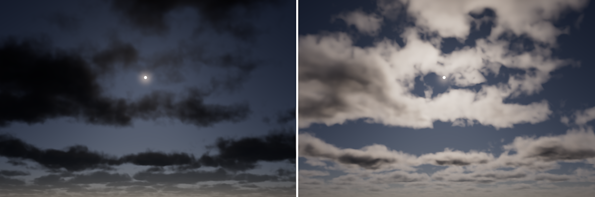 The 'Direct' value adjust the intensity sunlight has on the clouds.