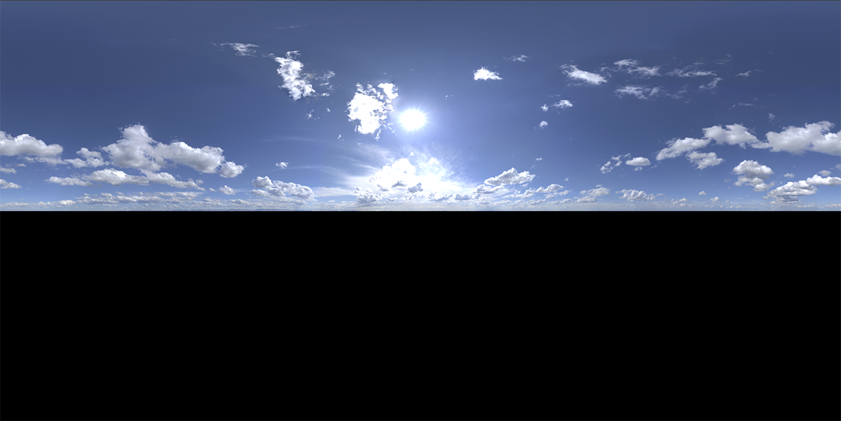 A typical environment HDRI that displays the hull hemisphere of a location, in this case a blue sunlit sky with some clouds.