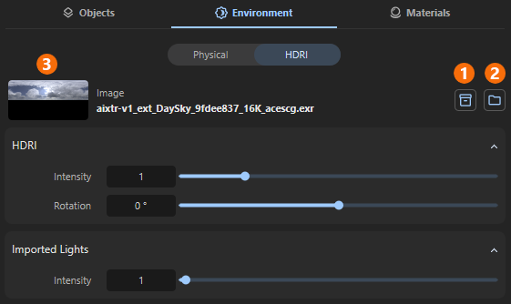 The buttons to load an HDRI directly from the Library Browser or from your hard drive and the preview area for the loaded HDRI file.