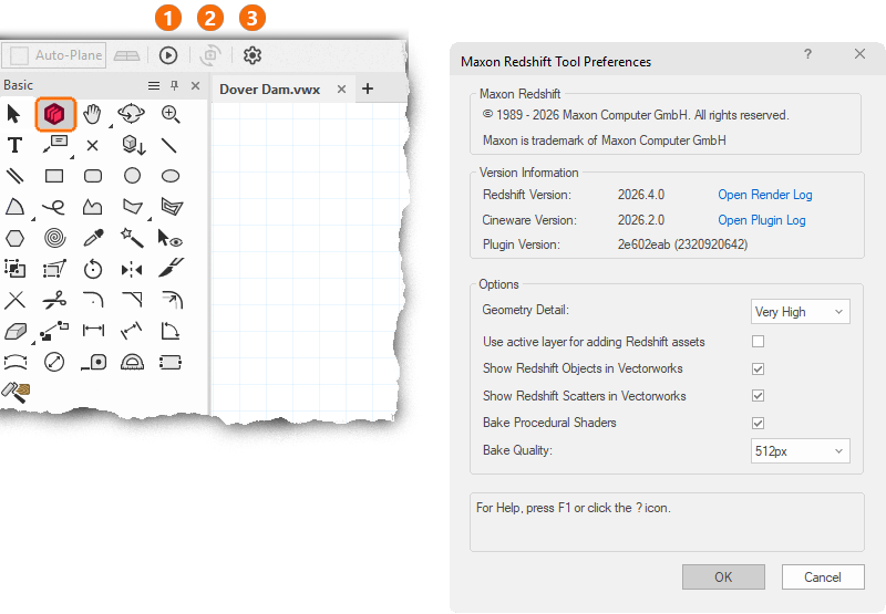 The selected Maxon Redshift tool offers several icons for configuration.