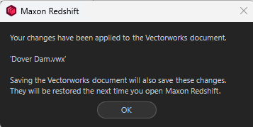 Info dialog shown when closing the Maxon Redshift window and returning to Vectorworks.