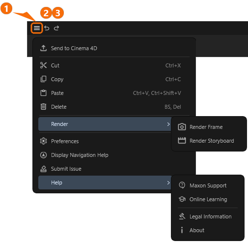 Content of the Redshift menu and the Undo/Redo functions.