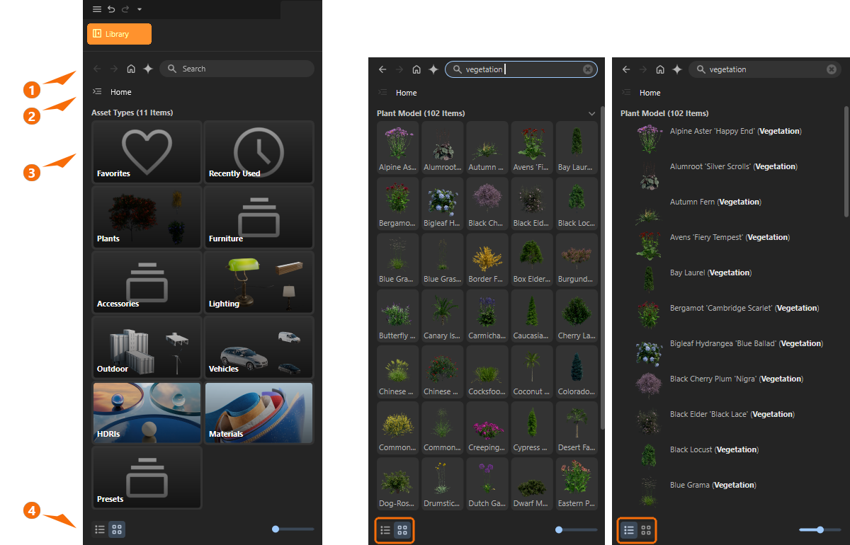 The preview images of the library assets contain additional icons that can be used to mark assets as favorites, for example.