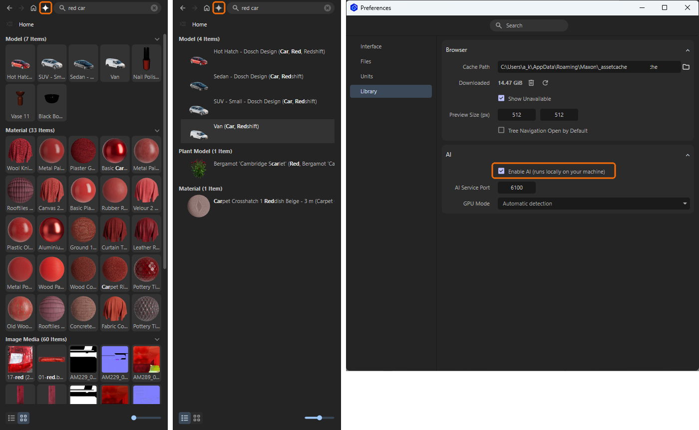 The preview images of the library assets contain additional icons that can be used to mark assets as favorites, for example.