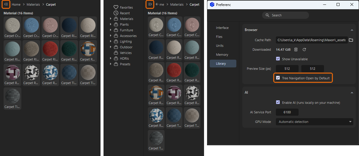 The preview images of the library assets contain additional icons that can be used to mark assets as favorites, for example.