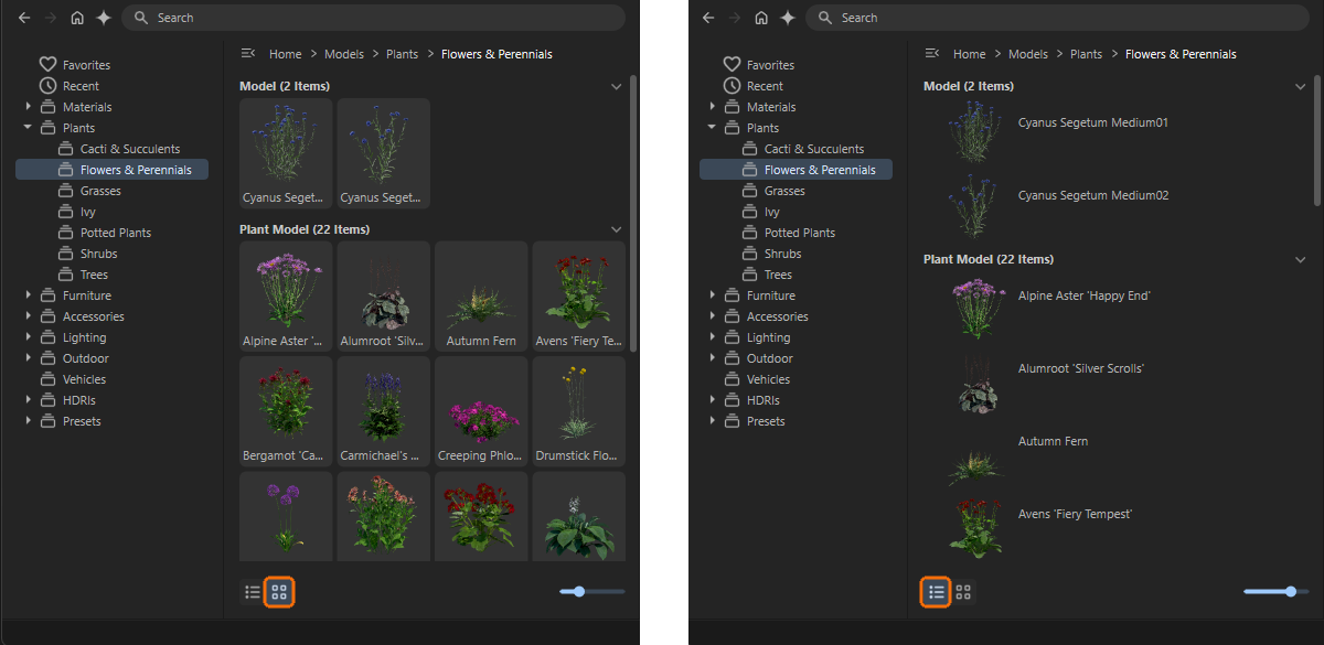 The preview images of the library assets contain additional icons that can be used to mark assets as favorites, for example.