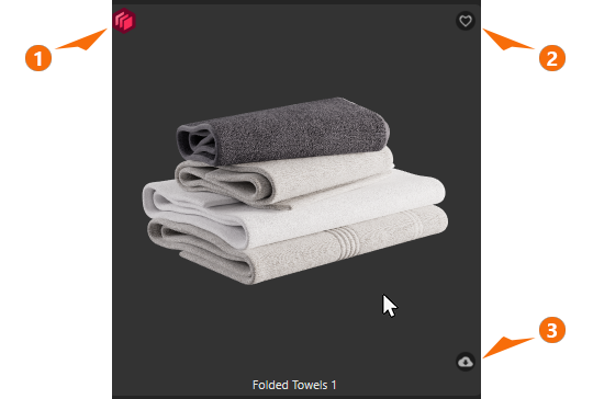 Library Browser asset previews offer additional icons for marking the asset as a favorite.