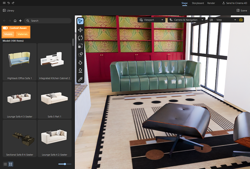 Using the Context Aware option, the materials and models in the Library Browser can be automatically filtered to only display assets that match the current content of the viewport.