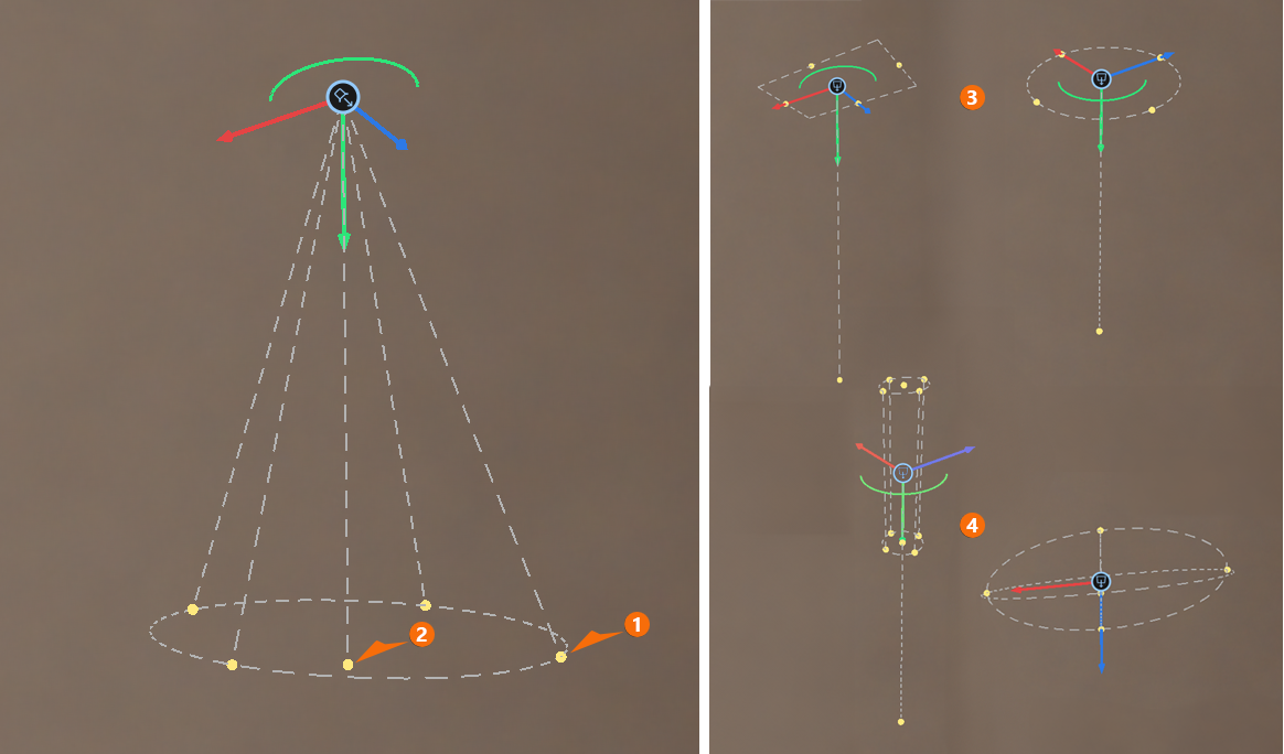 Display of Spot and Area lighs in Maxon Redshift for Architects, showing their interactive handles, allowing to orient and scale them in the viewport.