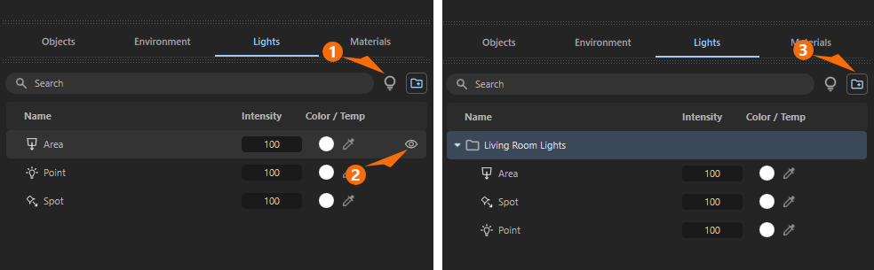 The Lights list in Redshift lists all light sources and provides quick access to the visibility, intensity, and color of the lights.