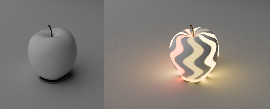 Example renders in Redshift, comparing a variation of Emission settings for a Material.