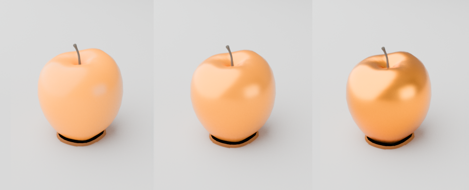 Example renders in Redshift, comparing a variation of Metalness settings for a Material.
