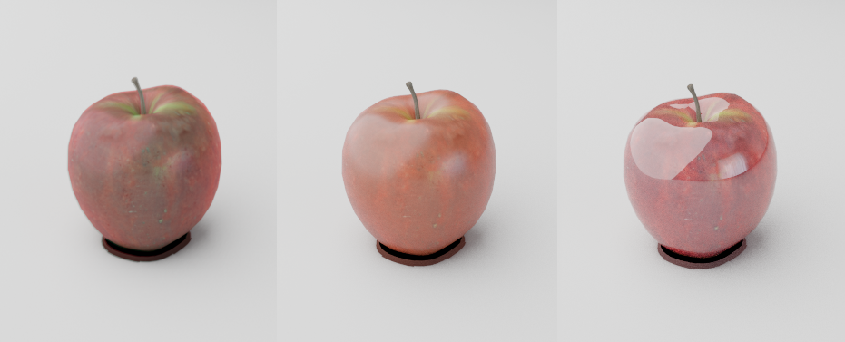 Example renders in Redshift, comparing a variation of Specular settings for a Material.
