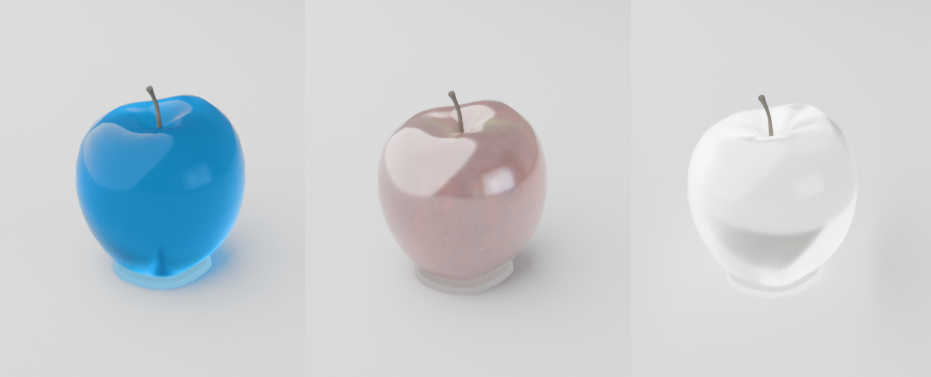 Example renders in Redshift, comparing a variation of Transparency settings for a Material.