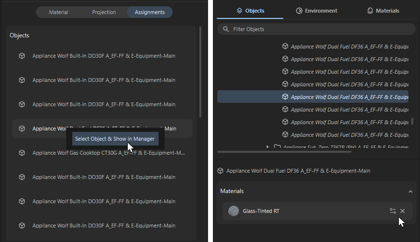 In the 'Assignments' List you can see all objects that are using this material.
