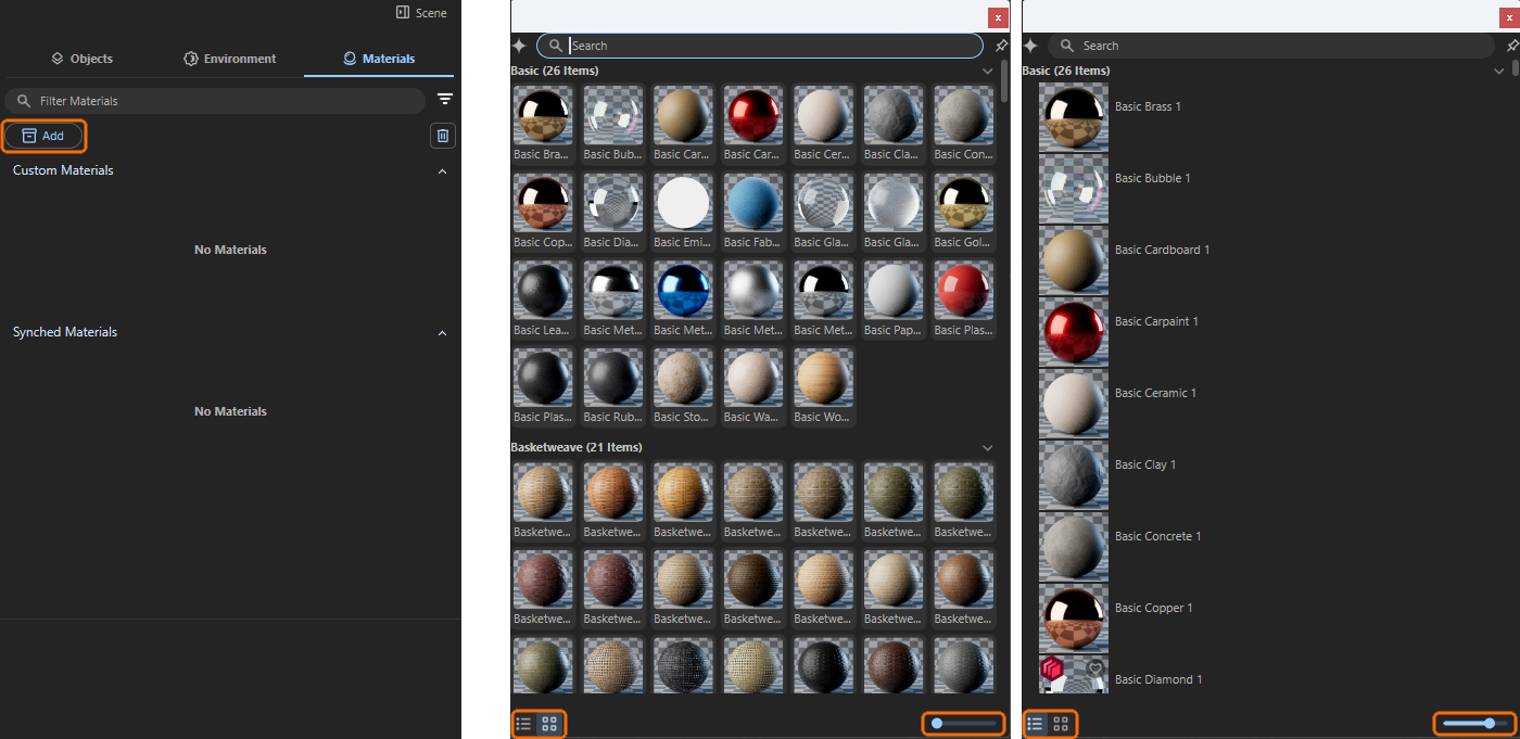 The Material list offers to load ready to use materials from the Library or to search and view materials already used in the scene.