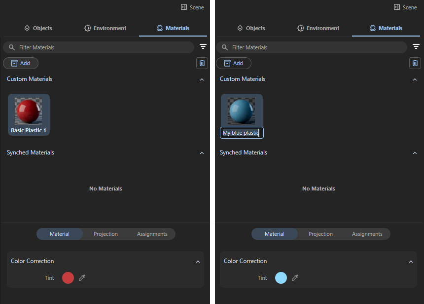 Most materials offer settings to adjust colors and to save modified materials as a new asset.