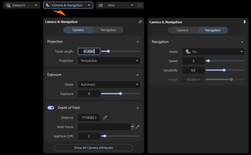 Options for the Navigation and Camera settings.