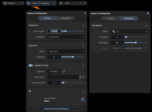 Options for the Navigation and Camera settings.