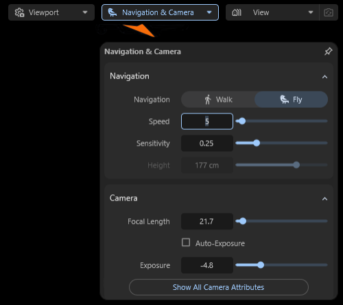 Options for the Navigation and Camera settings.