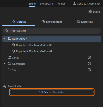 The Paint Scatter Object provides direct access to the assets used for scattering and also to the scattering settings for subsequent correction.