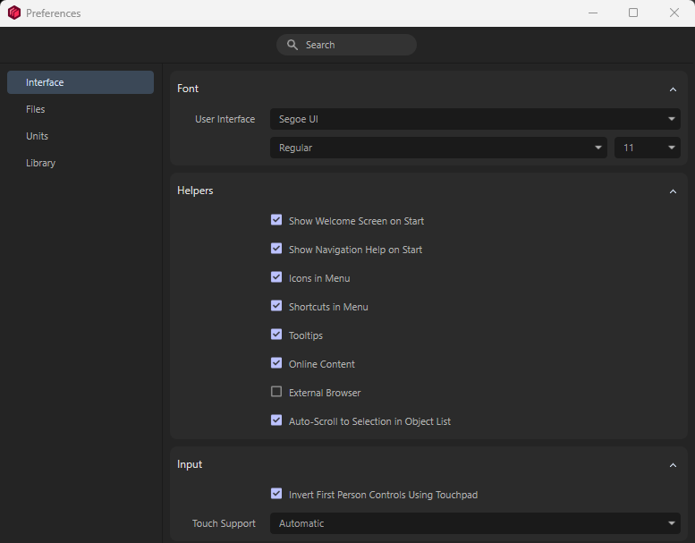 Redshift Preferences dialog for the Interface.