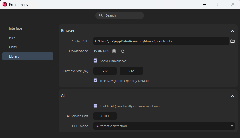 Preferences dialog for the Library Browser in Maxon Redshift.