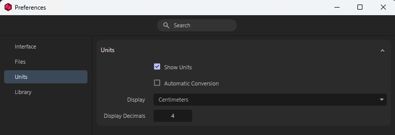 Preferences dialog for the units in Maxon Redshift.