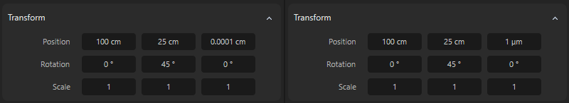 With the 'Automatic Conversion' preference activated for 'Units', every value field can have it's unique unit to optimize value display.