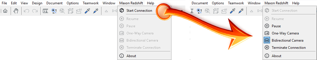 Icons for enabling or pausing the Maxon Redshift connection, as well as for the various synchronization options.