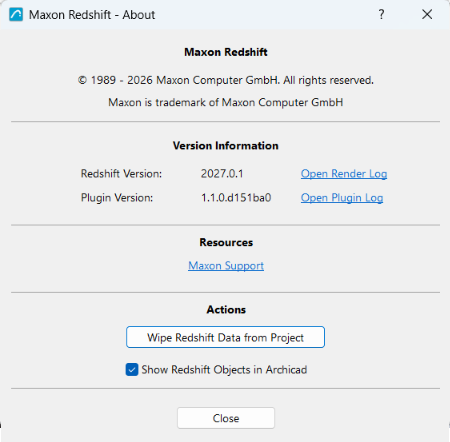 The About dialog of Maxon Redshift for Archicad.