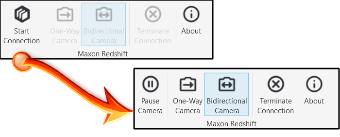 Icons for enabling or pausing the Maxon Redshift connection, as well as for the various synchronization options.