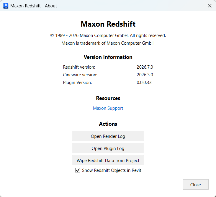 The About dialog of Maxon Redshift for Revit.